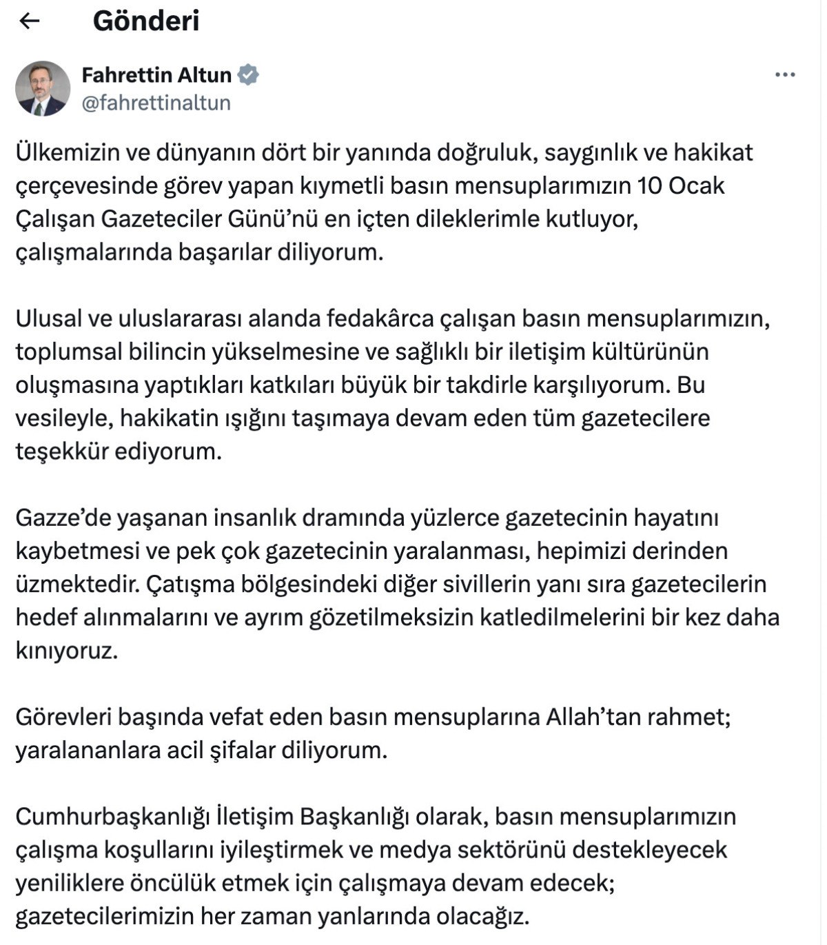 fahrettin altundan 10 ocak calisan gazeteciler gunu mesaji 0